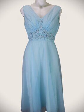 Vintage 1960s Aqua Blue Chiffon Dress Empire Waist Beaded Midi Size Small